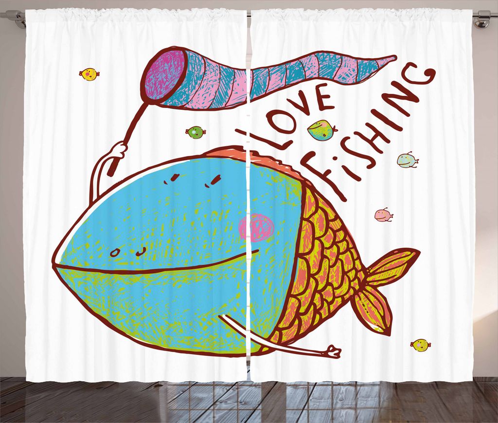 ABAKUHAUS Fisch Rustikaler Gardine, Lustige Cartoon-Illustration, Schlafzimmer Kräuselband Vorhang mit Schlaufen und Haken, 280 x 245 cm, Mehrfarbig