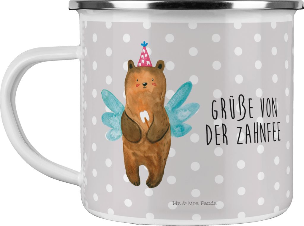 Mr. & Mrs. Panda Teetasse Bär Zahnfee - Grau Pastell - Geschenk, emaillebecher, becher emaille, Blechtasse, Fee, Emailletasse, Teddy, Milchzahn, T...