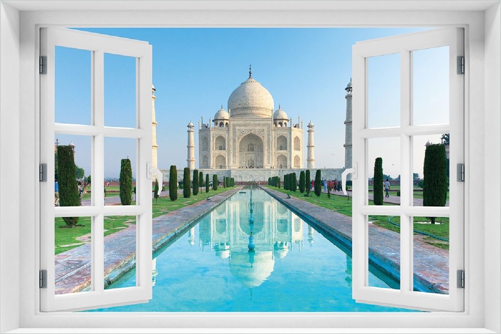 Wallario selbstklebendes Poster mit Fenster-Illusion - Taj Mahal - Mausoleum in Indien, Größe: 100 x 150 cm