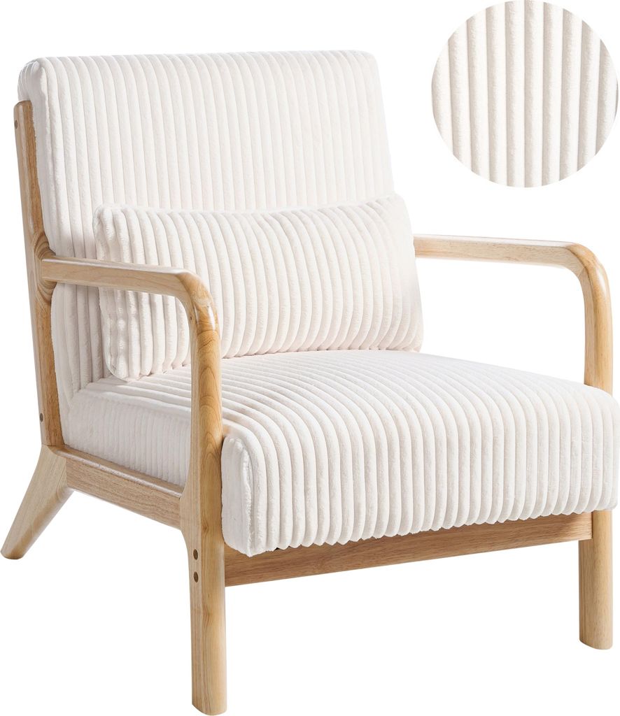 BELIANI Sessel Weiß Cord Gepolstert mit Holzarmlehnen Dicke Polsterung Niedrige Sitzhöhe Retro Vintage Wohnzimmer Schlafzimmer Flur Holzsessel