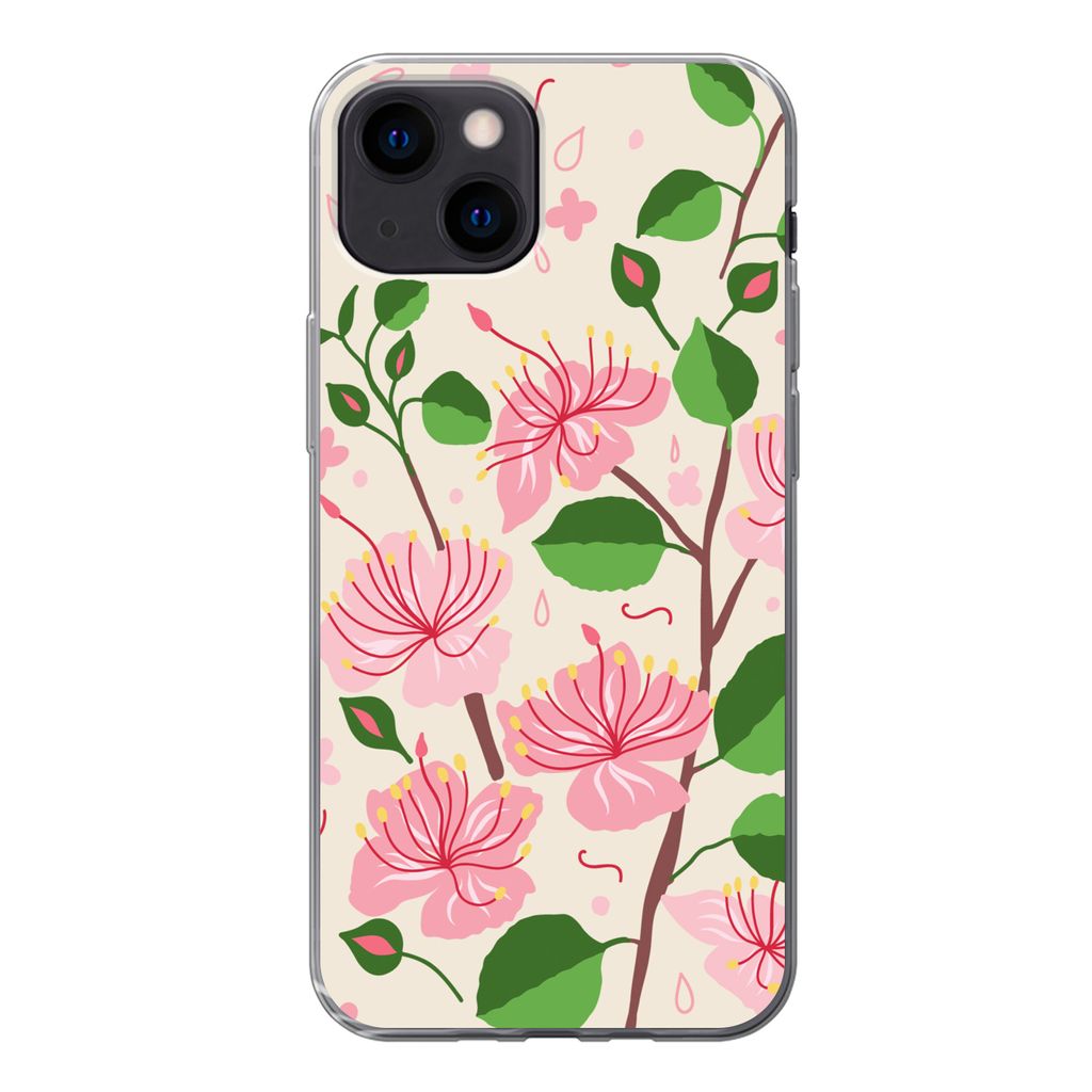 MuchoWow Handyhülle Schutzhülle Hülle für iPhone 13 mini Blume - Rosa - Blatt - Muster Silikon Softcase Handy Hülle - Softcase