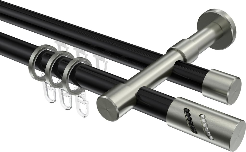 Interdeco Rundrohr-Innenlaufstange / Gardinenstange (Kombination) Schwarz / Edelstahl-Optik, Typ Prestige Zoena (Glitzerzylinder), 20 mm Ø 2-läuf...