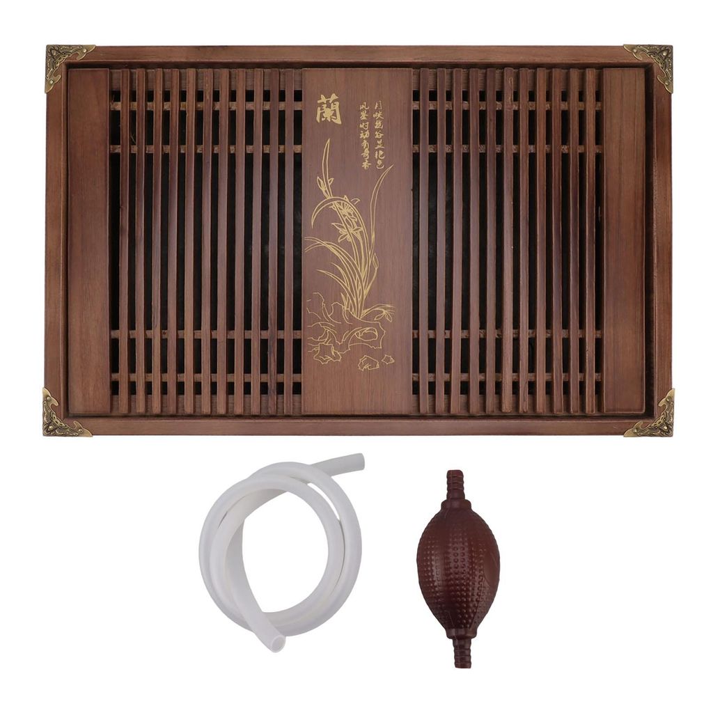 Kungfu-Teetablett, chinesischer Gongfu-Abfluss, Wasserspeicher, Holztisch mit Abflussrohr, helle schwarze Orchidee