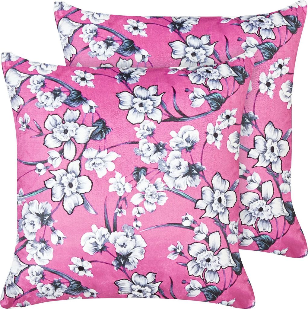 BELIANI Dekokissen 2er Set Pink aus Samtstoff Blumenmuster 45 x 45 cm Quadratisch Wohnaccessoires Dekoration für Sofa Bett Wohnzimmer