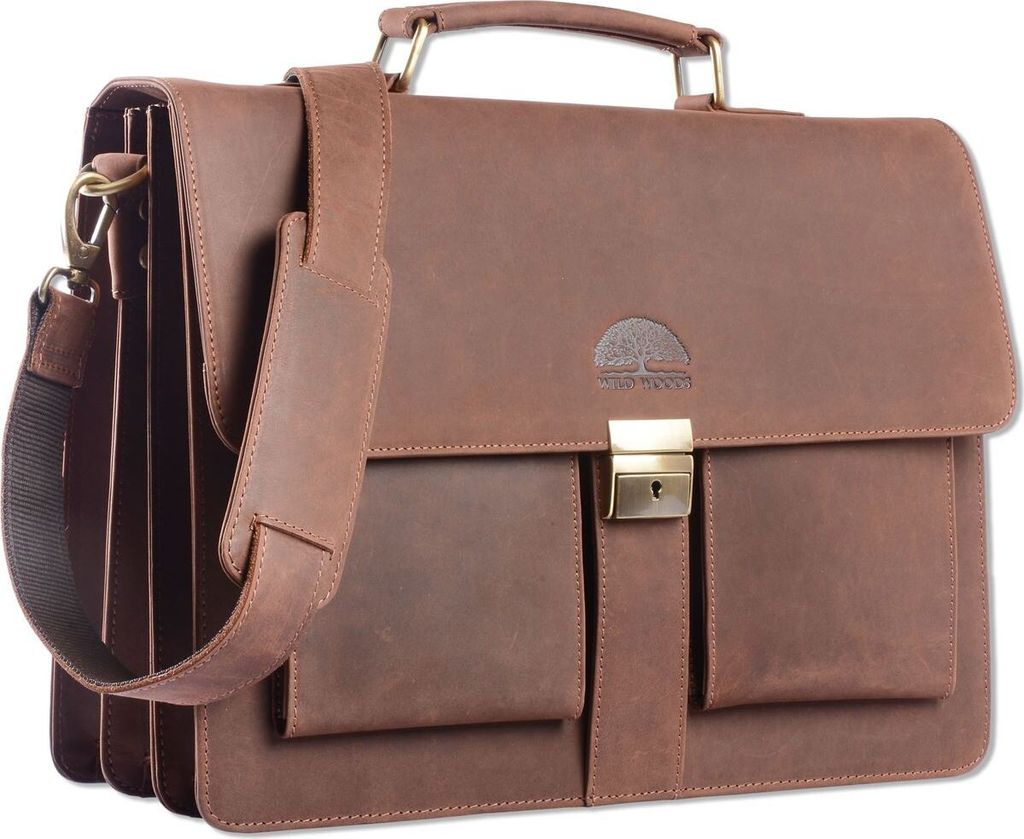 WILD WOODS - Aktentasche Leder XL mit Laptopfach 15,6 Zoll große Ledertasche zum Umhängen aus Büffelleder Dunkelbraun Vintage