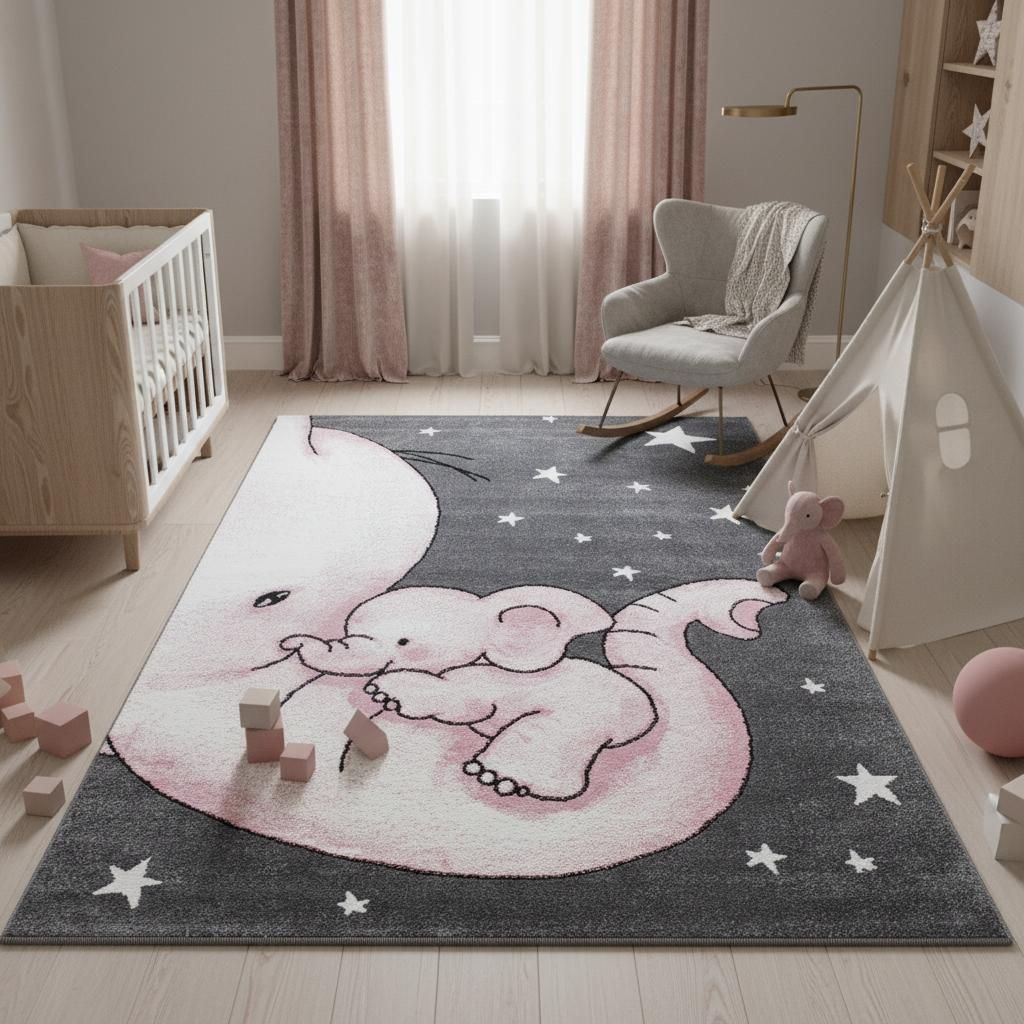 Kinder Spielteppich Elefanten-Motiv Farbenfroh Waschbar Strapazierfähig | Pink 200x290 cm Kinderzimmer Spielzimmer Saugroboter | LAGO – Kadima D...