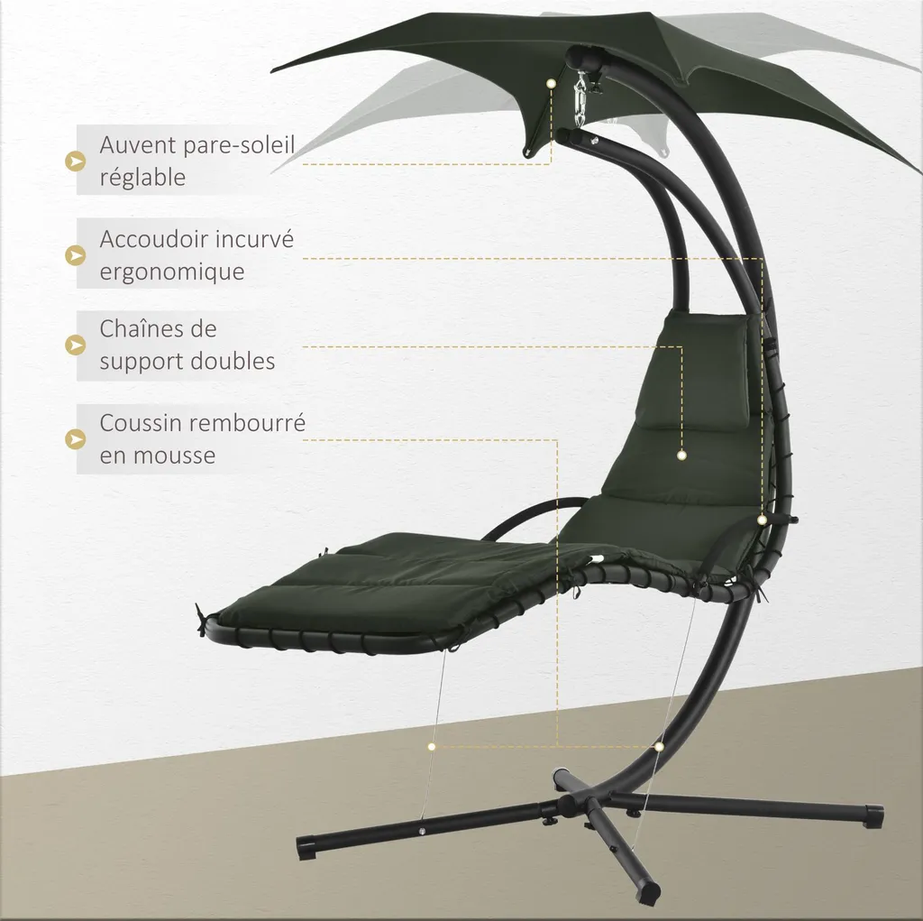 Transat Suspendu Design avec Pare-Soleil Réglable et Structure en Acier