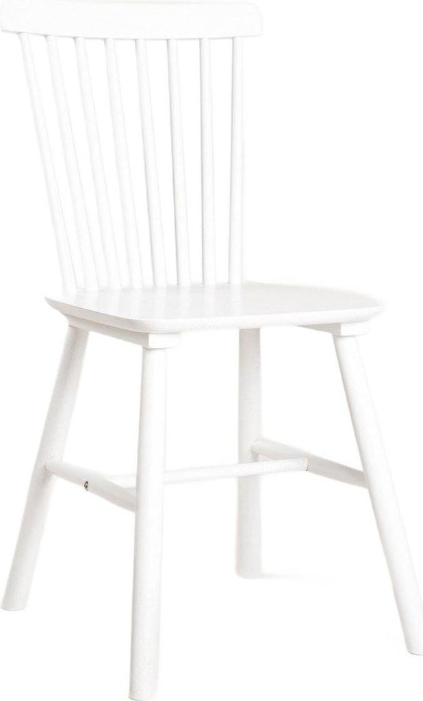 A white wooden chair with a spindle back and seat, photographed against a white background.