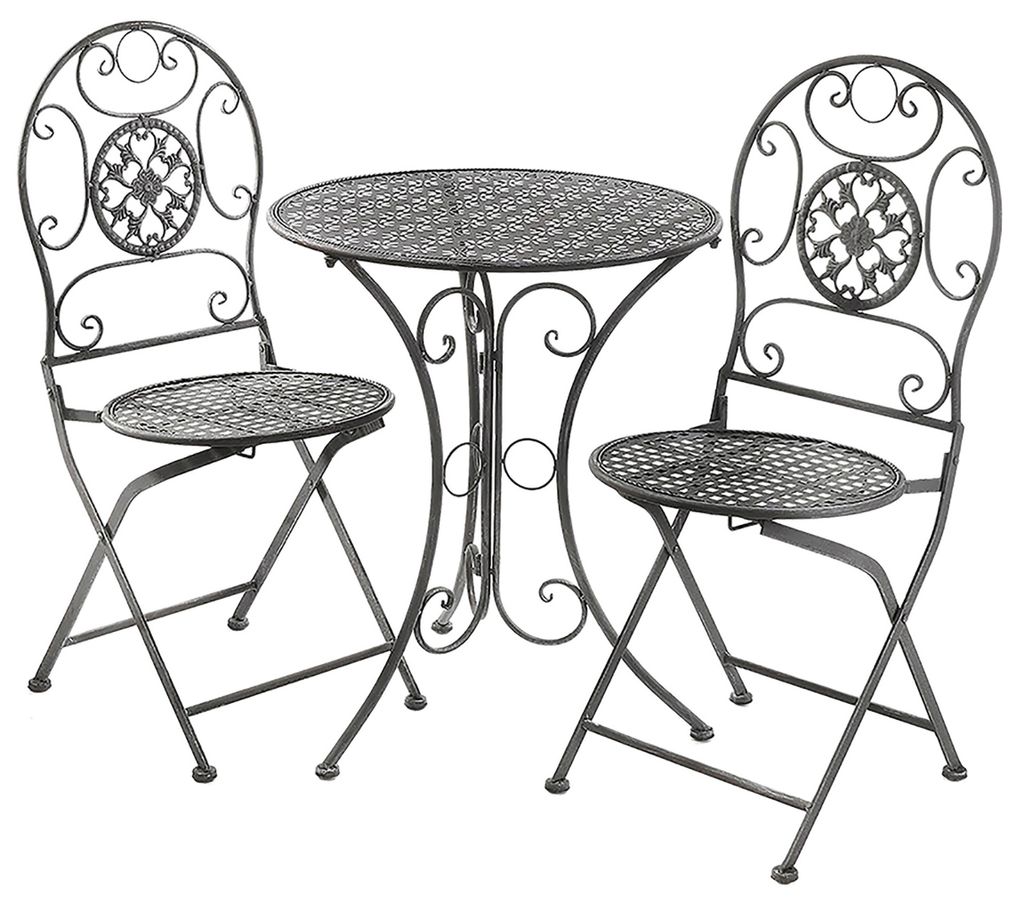 Kobolo Tischgruppe Gartentischset - 1 Tisch rund 2 Klappstühle Personen Set Metall - Grau - Sitzgruppe Gartenmöbel Essgruppe Bistrotisch Garnitur...