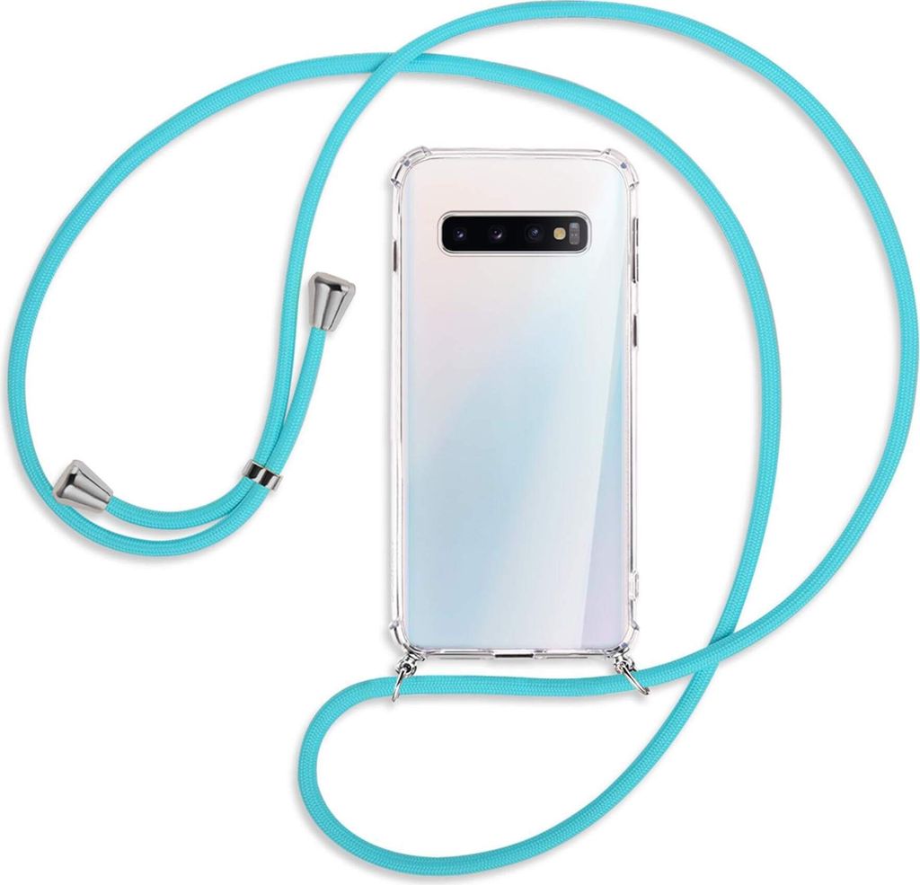 Handykette Backcover-Schutzhülle mit Band (Metall silberfarben) für Samsung Galaxy S10 - türkis