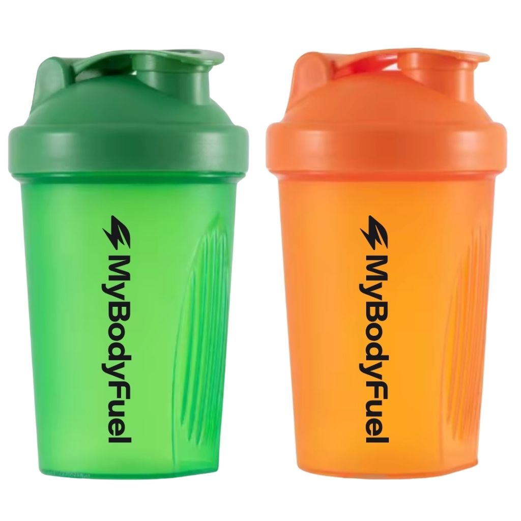 MyBodyFuel Shake Becher (2er Set) – Protein Shaker mit Mixfilter, 400 ml, BPA-frei – Für Smoothies & Proteinshakes (Grün/Orange)