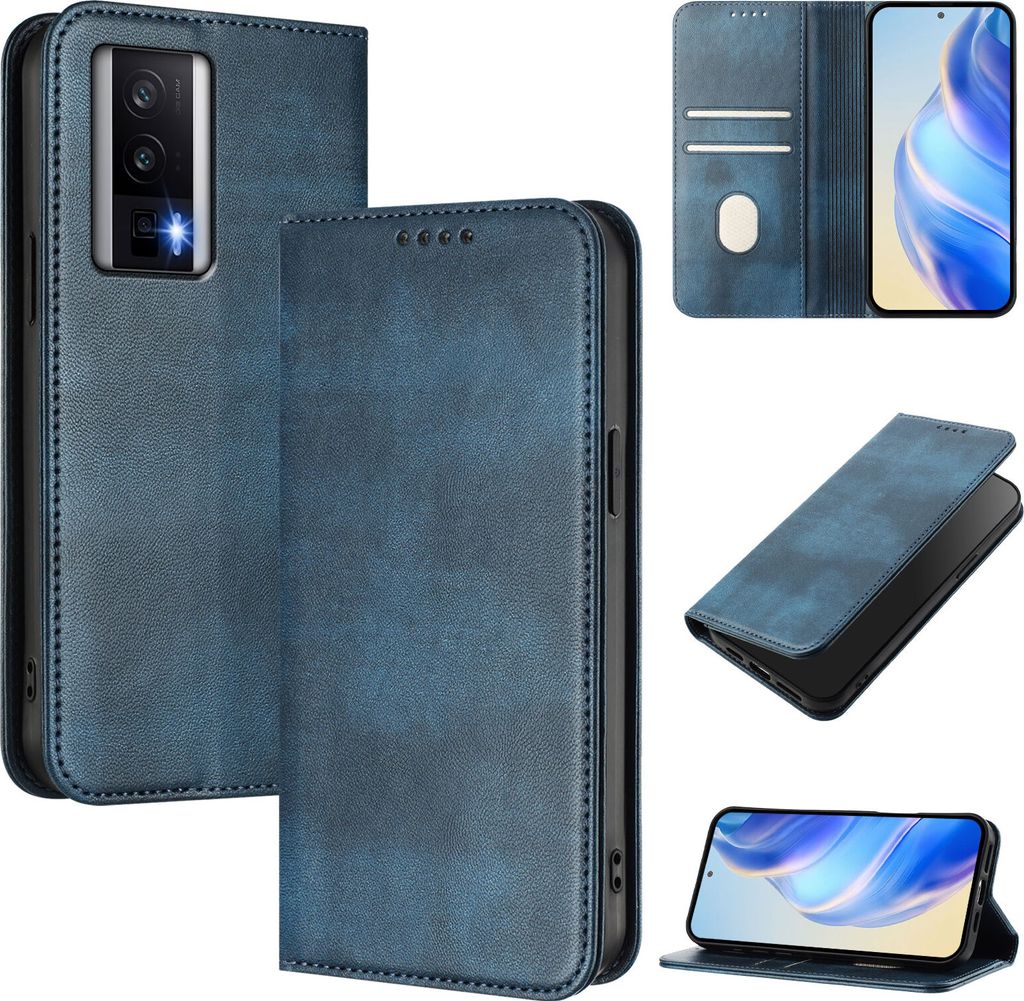Handyhülle für Xiaomi Poco F5 Pro/Redmi K60/K60 Pro, Vintage Leder RFID Schutz Kartenfach Standfunktion Magnetische Klapphülle Blau