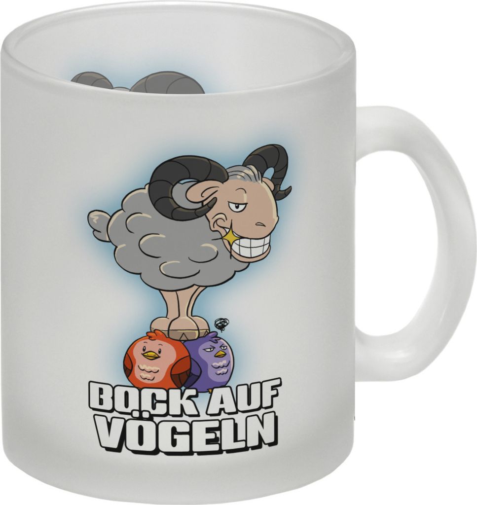 Bock auf Vögeln Glas Tasse mit lustigem Wortspiel und Steinbock