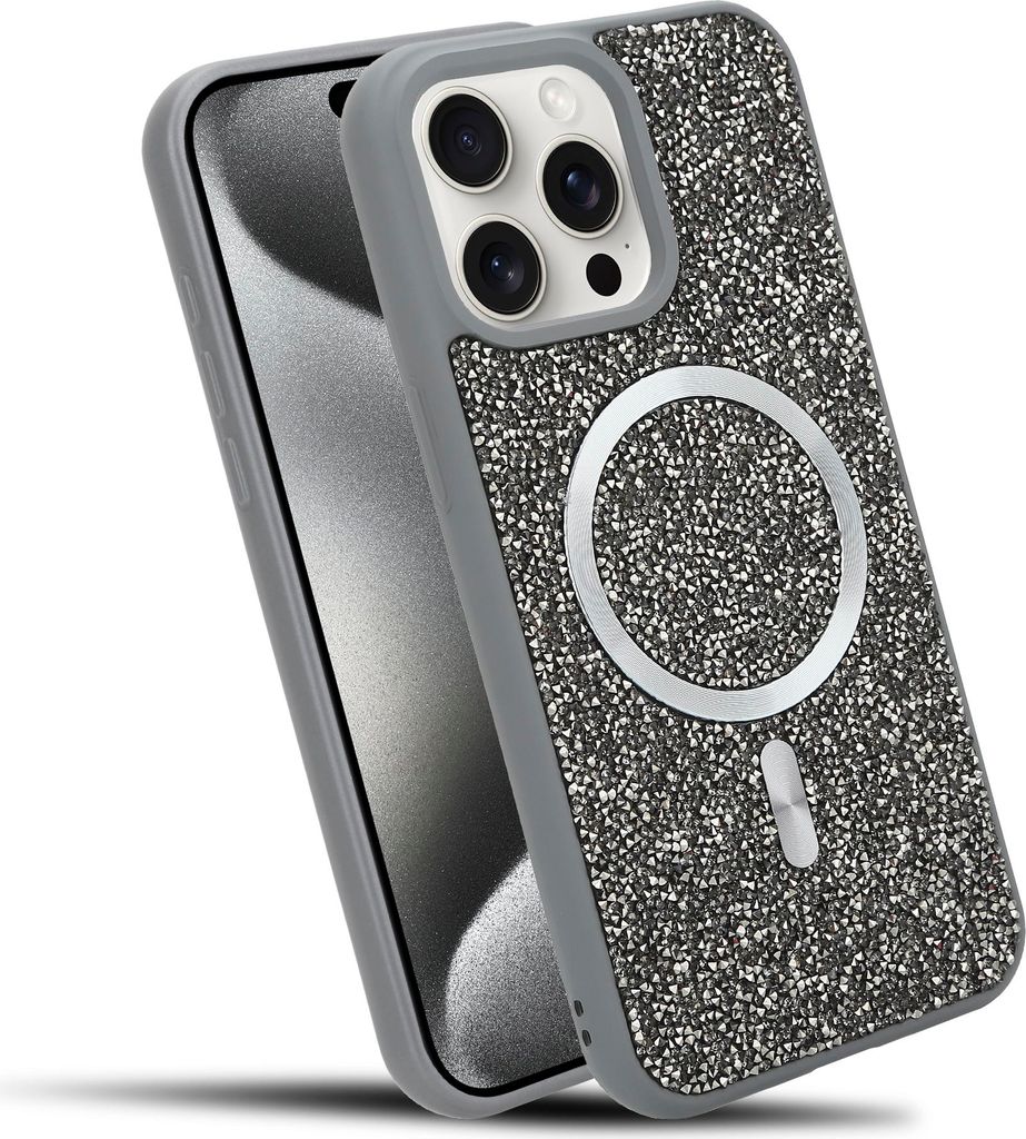 Cadorabo Hülle für Apple iPhone 15 PRO MAX Hülle Glitzer kompatibel mit MagSafe in GRAU magnetische Handyhülle Sparkle Diamond für Apple iPhon...