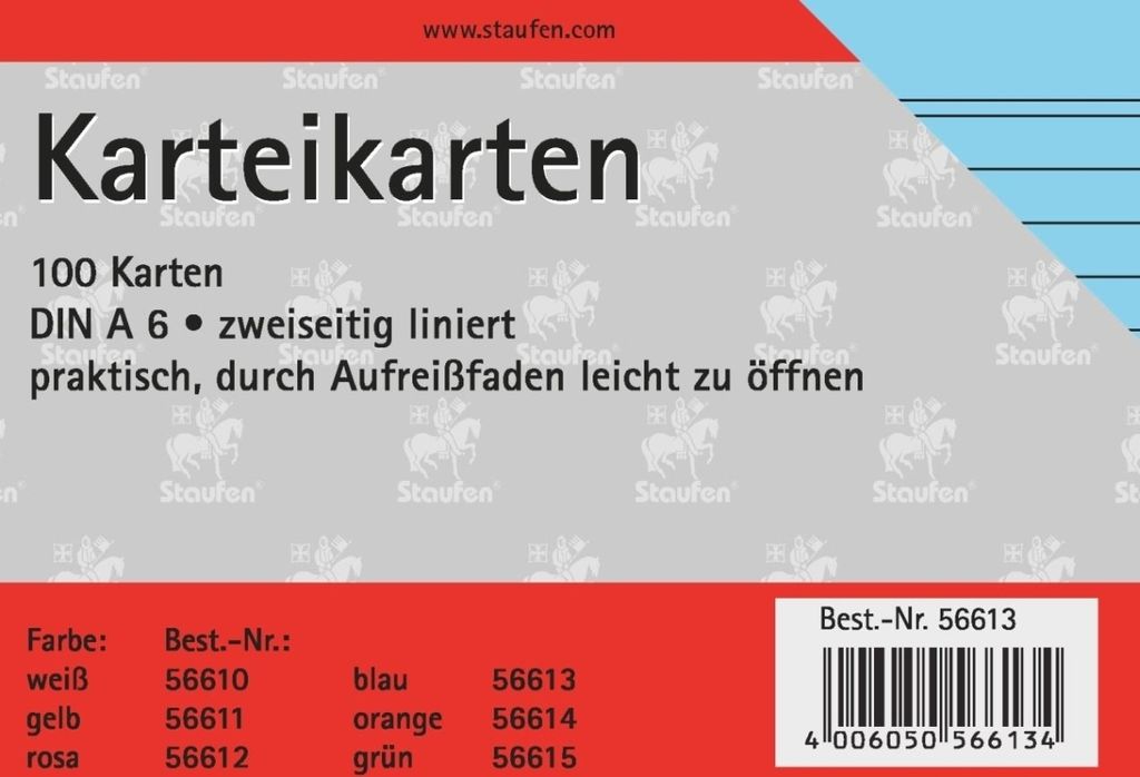 Karteikarten A6 liniert 180g/qm blau VE=20x100 Stück