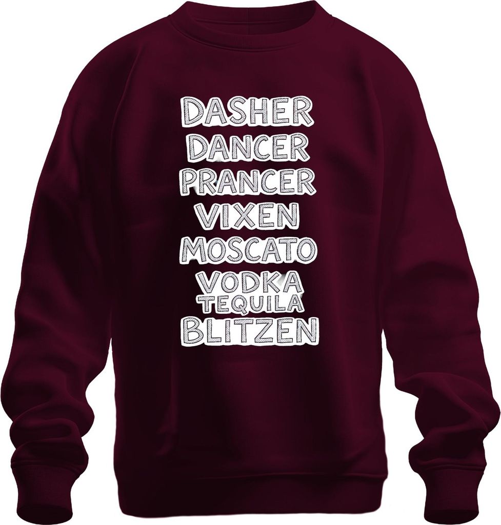Dasher Dancer Prancer Vixen Moscato Vodka Geschenk Lustig Party Uni Sweatshirt Pullover, Burgundy, XXL