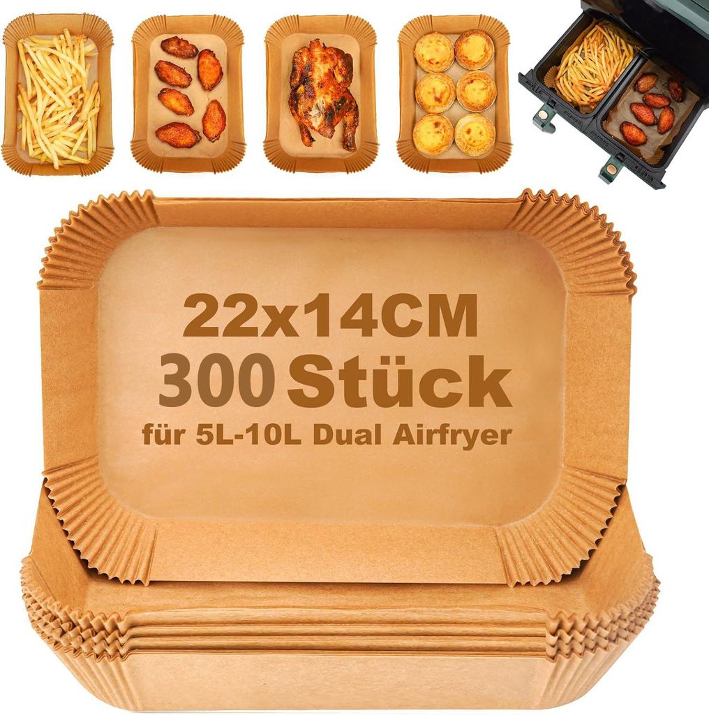 300张 适用于 Ninja Foodi 双篮空气炸锅 AF300EU AF400EU AF500EU 的烘焙纸, 22x14cm 一次性纸盘, 防粘, 耐高温至220°C, 不含BP...
