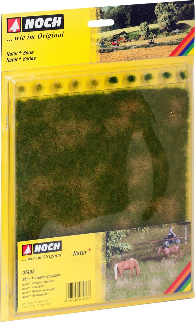 NOCH Natur+ „Wiese Sommer“, dreifarbige Modellbau Wiese, 22 x 20 cm mit Grasbüscheln für die Spurweiten H0, TT, N, Z