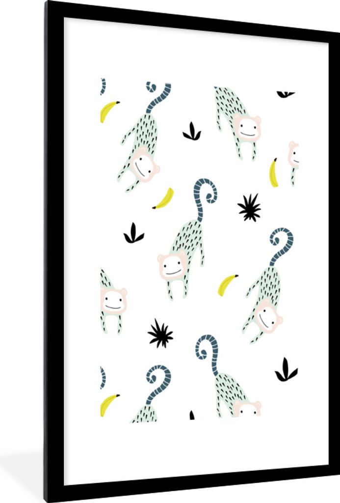 MuchoWow MuchoWow Gerahmtes Poster Affe - Banane - Muster 60x90 cm - Poster mit zchwarzem Bilderrahmen - Dekoration - Wandposter Wohnzimmer - H...