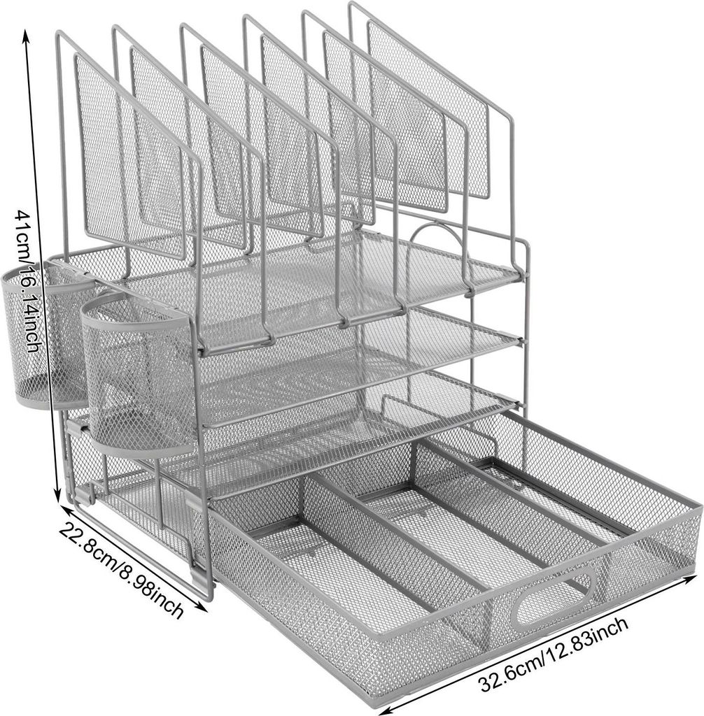 Schreibtisch-Organizer - Büro-Aufbewahrung - Mit Schublade - Datei- und Dokumentenhalter - Briefablage - Für Zuhause und Büro - Silber