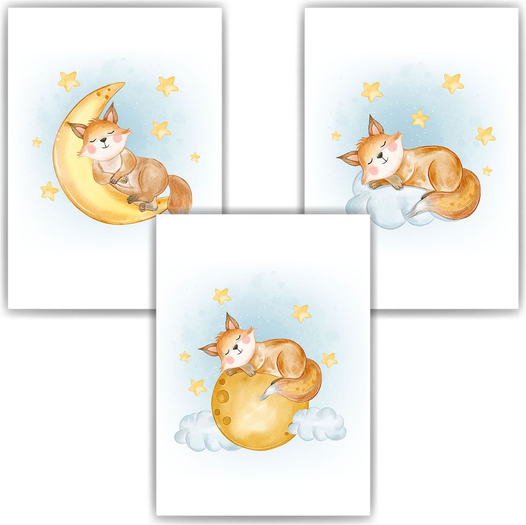 3er Set Poster Fuchs Bilder für Kinderzimmer Babyzimmer Deko Kinderposter Babyparty – DIN A4 (21x29.7cm)