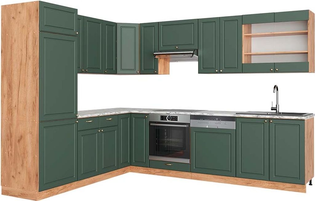 Eckküche Vicco Fame-Line Grün-Gold Landhaus/Goldkraft Eiche 227 x 60 cm , AP Marmor, Model 42612