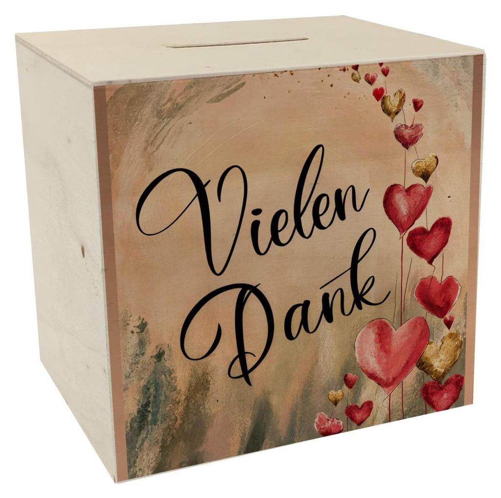 Holzspardose mit rosa, roten und goldenen Herzen, romantisch und im Vintage-Stil.