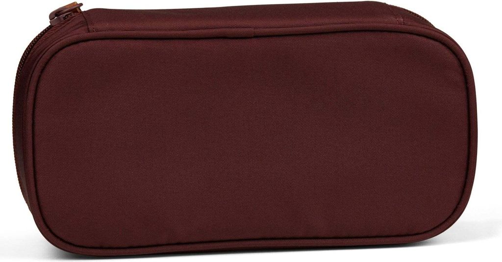 A close-up view of a maroon pencil case.