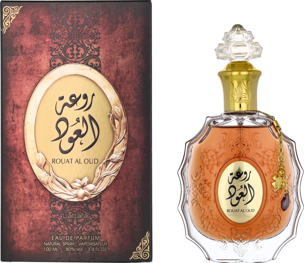 A perfume bottle and its packaging are displayed side-by-side against a white background.