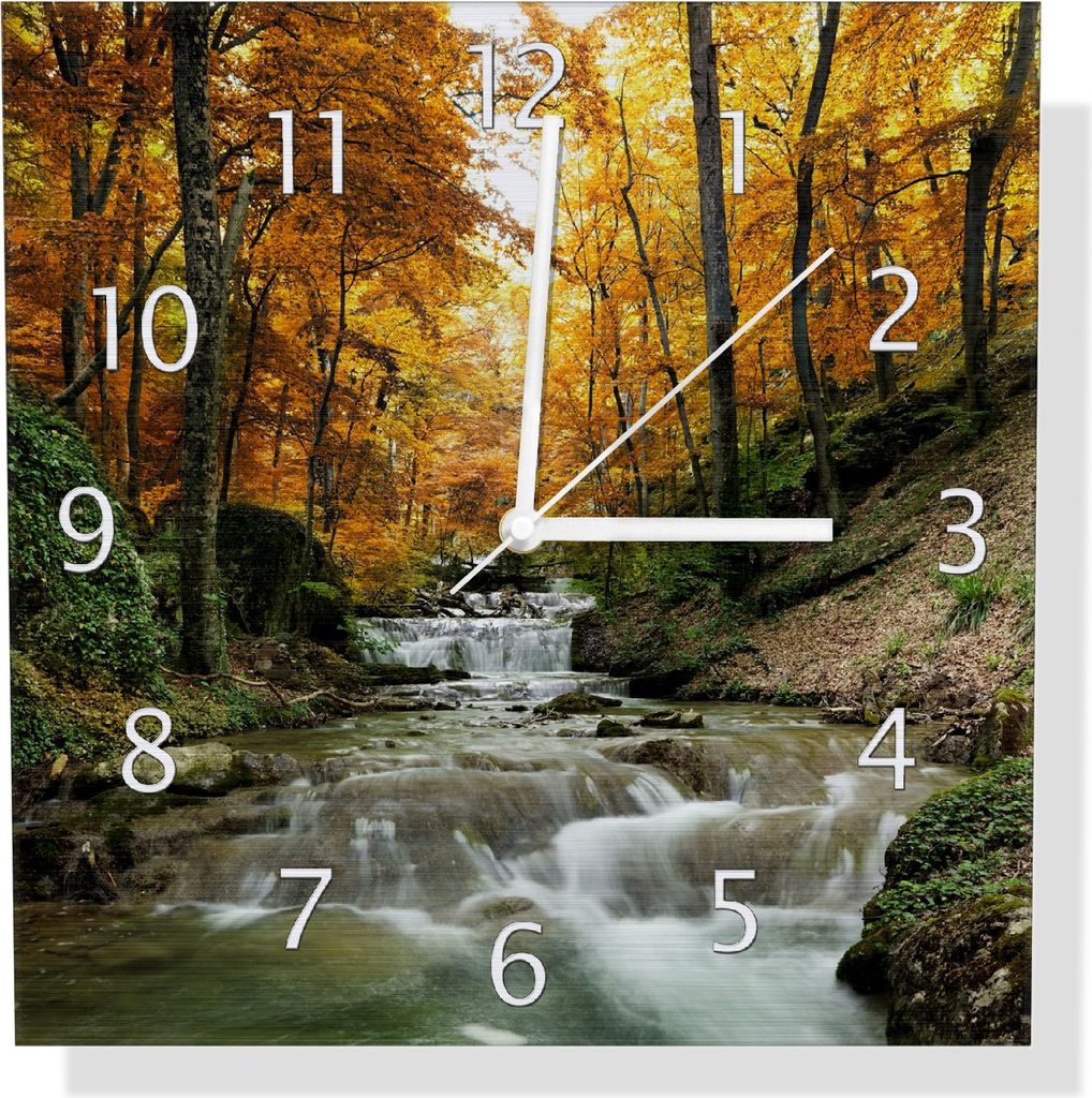 Wallario Design Wanduhr Kleiner Bach über Steine im Herbstwald aus Aluverbund, Größe 30 x 30 cm