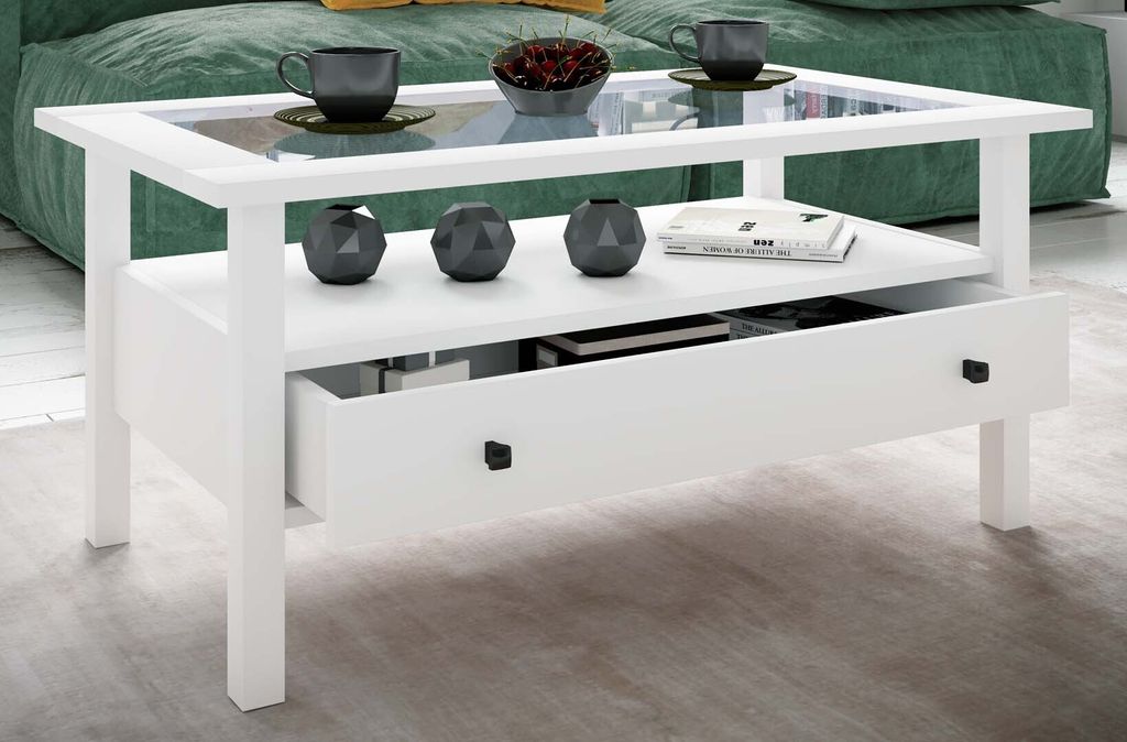 VCM Holz Beistelltisch mit ESG-Sicherheitsglas | Couchtisch schlicht | Maße ca. H. 42 x B. 90 x T. 54 cm | Wohnzimmertisch mit Schublade | Sofatis...