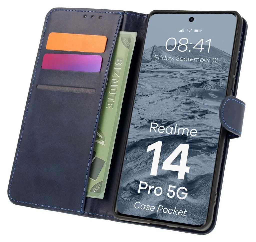 Handyhülle mit Klappe für Realme 14 Pro 5G, Bizon Case Pocket, Dunkelblau