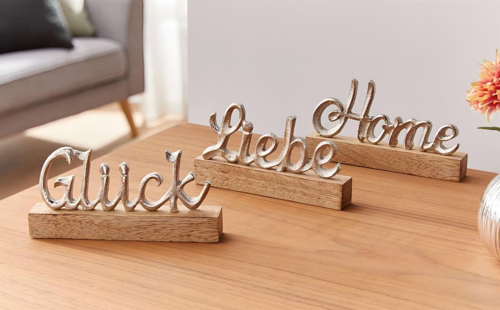3er Set Schriftzug "Liebe, Home & Glück" aus Aluminium in silber & Mango Holz, Deko Aufsteller