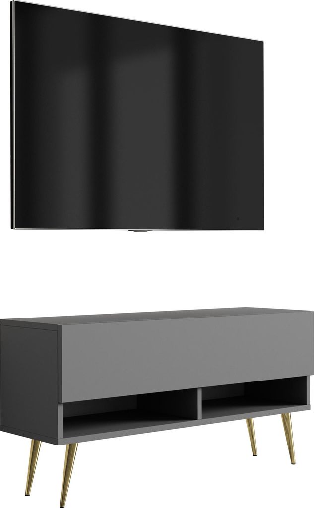 TV-Lowboard 100 cm Anthrazit, goldene schräge Beine, 100 × 32 × 52 cm