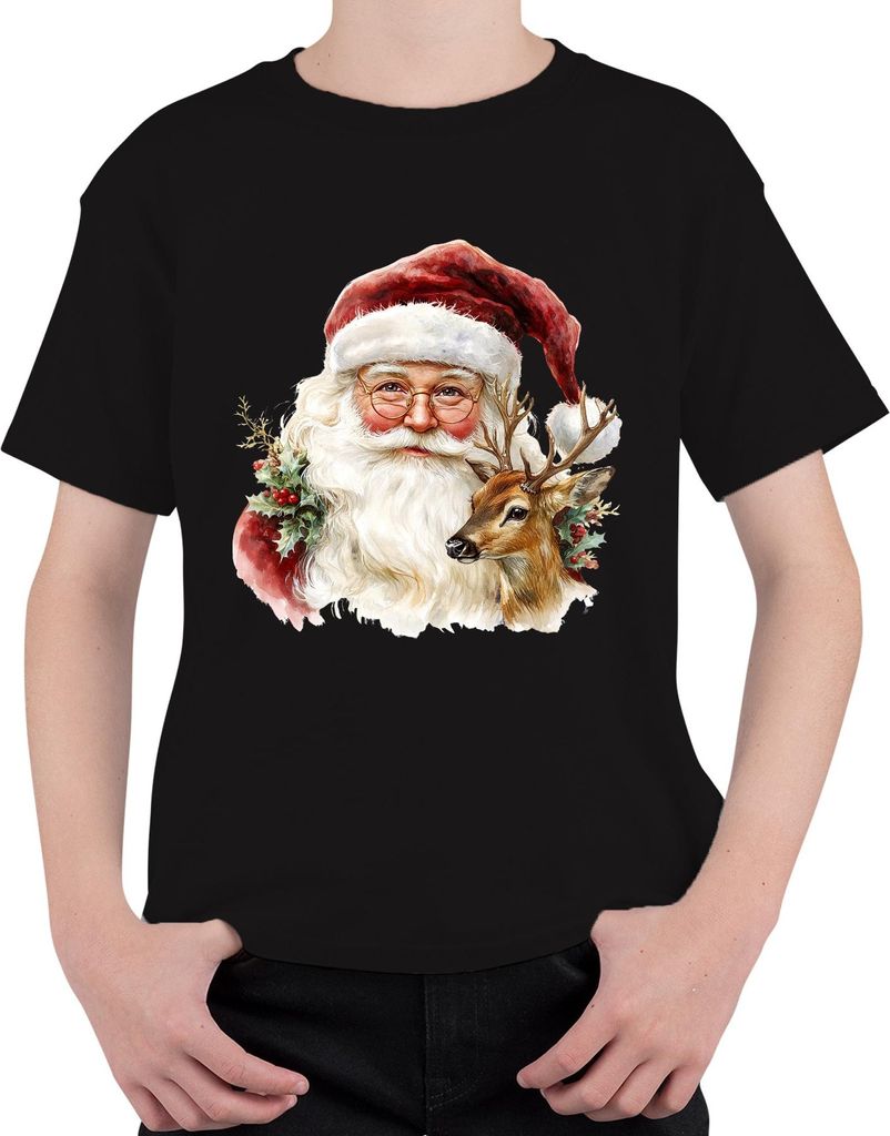 Weihnachtsmann Rentier Aquarell Vintage Geschenk Weihnachten Uni Kinder T-Shirt, Schwarz, 116