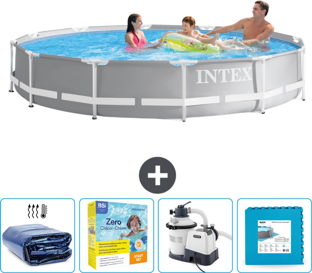Intex Pool mit rundem Prismenrahmen – 366 x 76 cm – Grau – im Lieferumfang enthalten Sonnensegel - Wartungspaket - Filterpumpe für Schwimmba...
