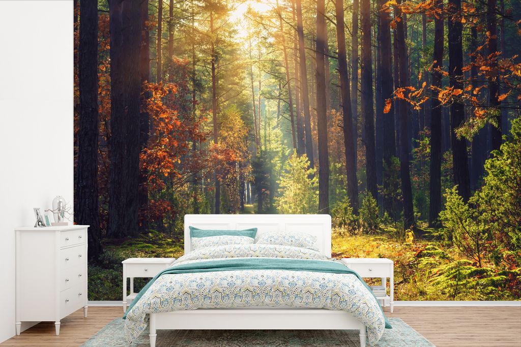 MuchoWow Fototapete für Wohnzimmer oder Schlafzimmer Wandtapete Vinyl Motivtapete Wald - Herbst - Bäume - 390x260 cm - Papiertapete