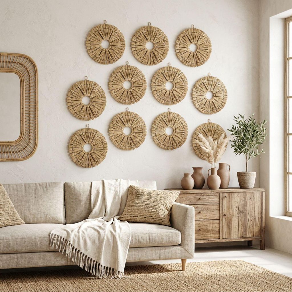 Wanddeko Boho Rattan rund