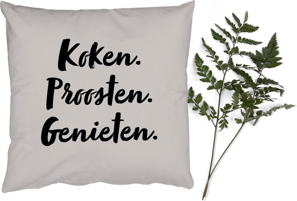 MuchoWow Zierkissen Sofakissen Wohnzimmer Dekokissen 50x50 cm Kochen, Jubeln, Genießen. - Zitat - Taupe - Komfort - Sofakissen