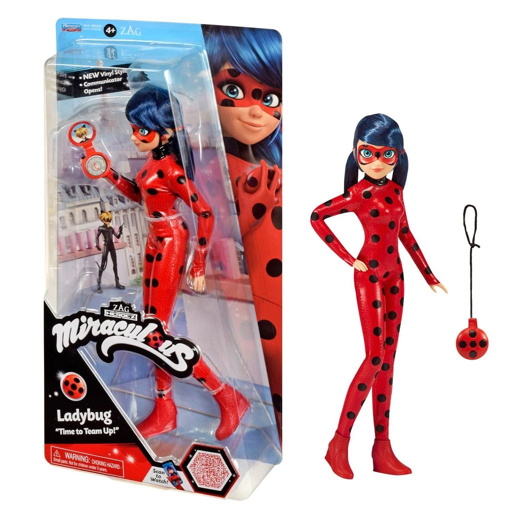 BANDAI - Miraculous Ladybug - 26 cm Modepuppe - Ladybug mit Handy - Neues Kostüm in Vinyl-Optik - P50028