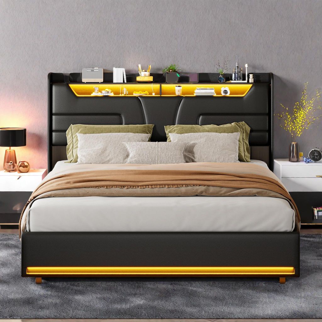 ProximaX Polsterbett 160x200cm mit USB und Steckdosen, Jugendbett Hydraulisches Stauraumbett Boxspringbett, Stauraumbett Massivholzbett mit LED/Typ...