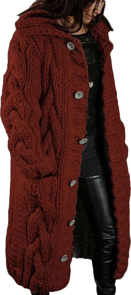 ASKSA Damen Strickjacke Grobstrick Casual Sweater Cardigan mit Knoepfen Oversize Strickcardigan, Rotwein, 2XL