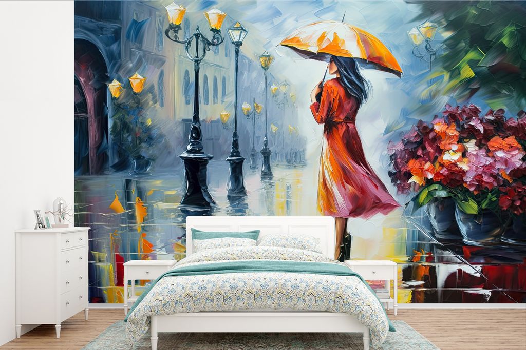 MuchoWow Fototapete für Wohnzimmer oder Schlafzimmer Wandtapete Vinyl Motivtapete Ölgemälde - Regenschirm - Frau - Straße - Kunst - 420x280 c...