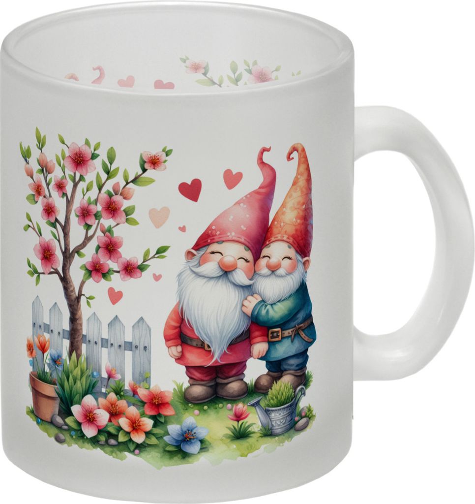 Verliebte Gartenzwerge mit Baum Glas Tasse