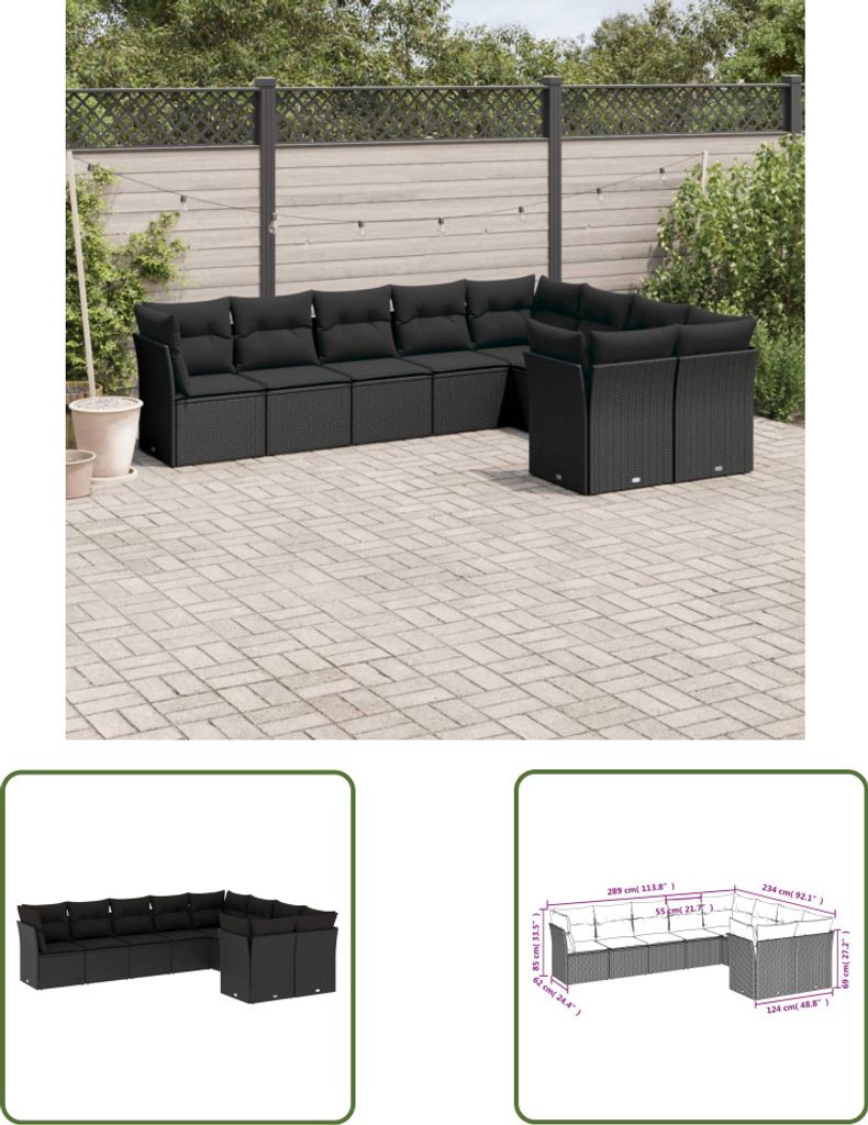 The Living Store 9-tlg. Garten-Sofagarnitur mit Kissen Schwarz Poly Rattan