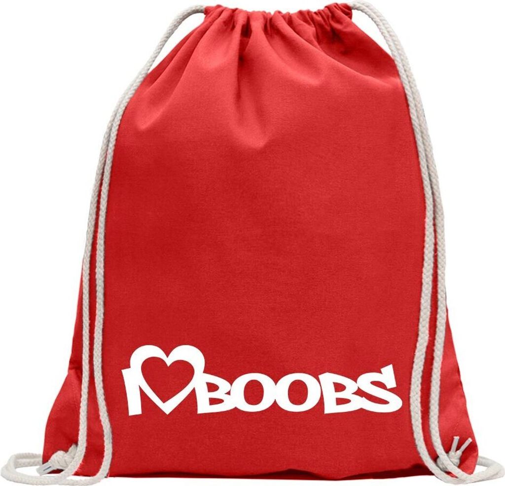 Kiwistar - Turnbeutel - rot - I Love Boobs - Fun Rucksack Sport Beutel Gymsack Baumwolle mit Ziehgurt