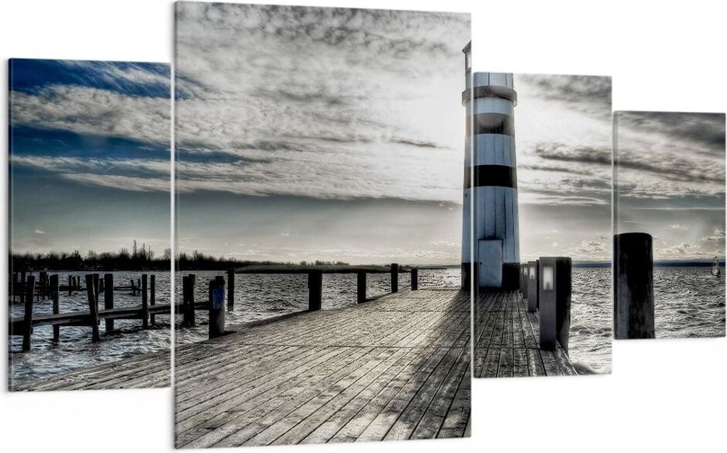Bild auf Leinwand - Leinwandbild - See Leuchtturm Holzbrücke Wasser - 160x90cm - Wand Bild - Wanddeko - Leinwanddruck - Bilder - Kunstdruck - Lein...