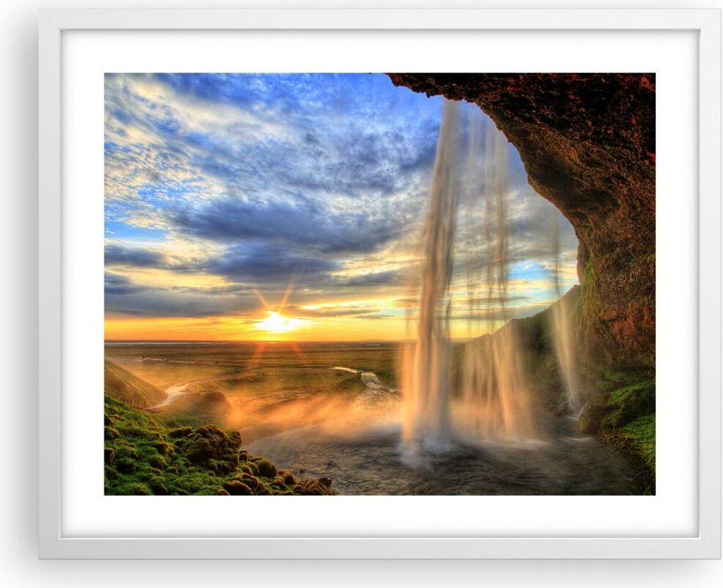Gerahmtes Poster - Weißer Rahmen - Wasserfall Natur Park Sonne - 50x40 cm - Wand Bild - Wanddeko - Wandbilder - Wandposter - Bilderrahmen - Bilder...