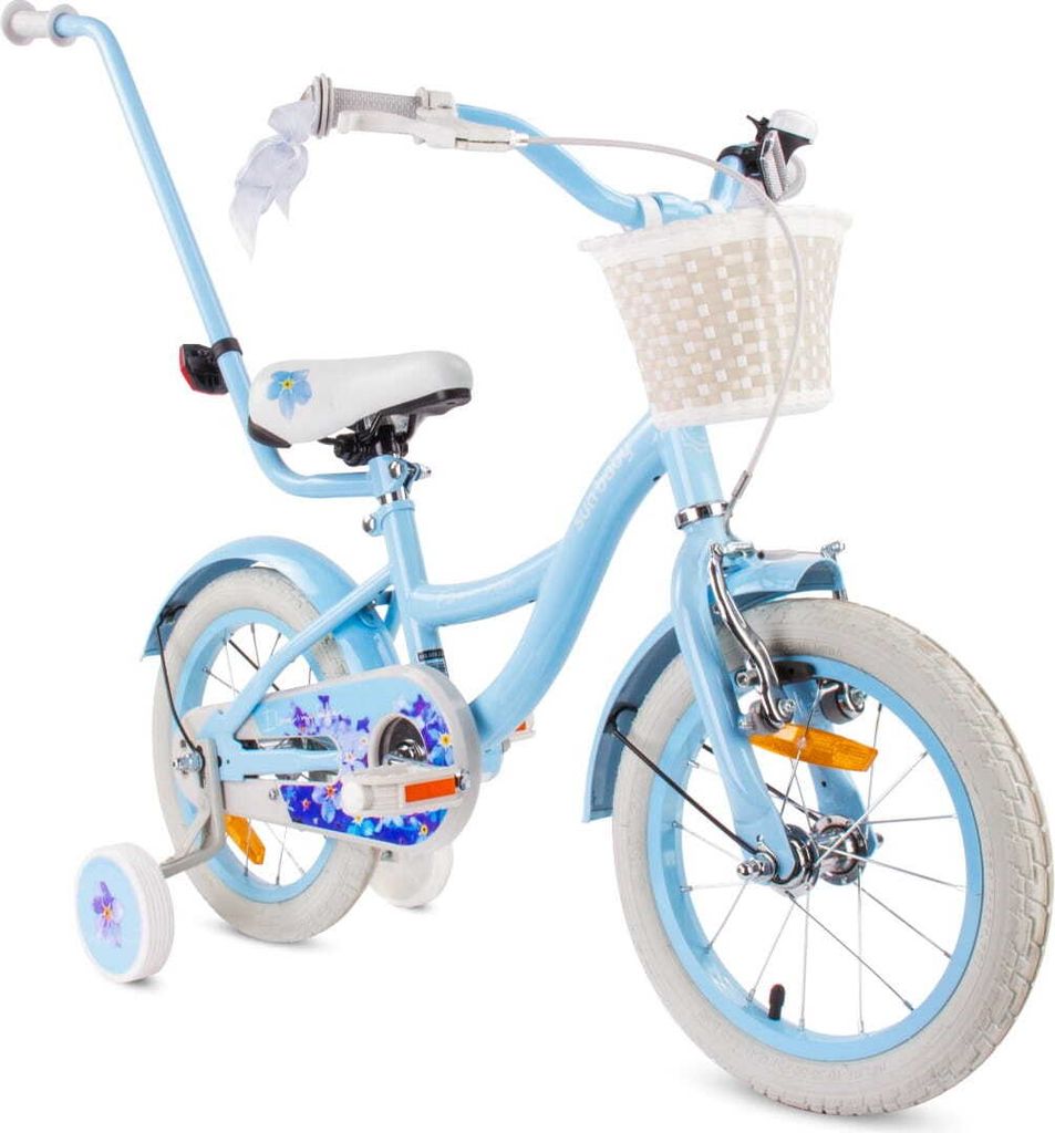 Mädchen fahrrad 16 Zoll Glocke Zusatzräder Schubstange Flower Bike blau Sun Baby