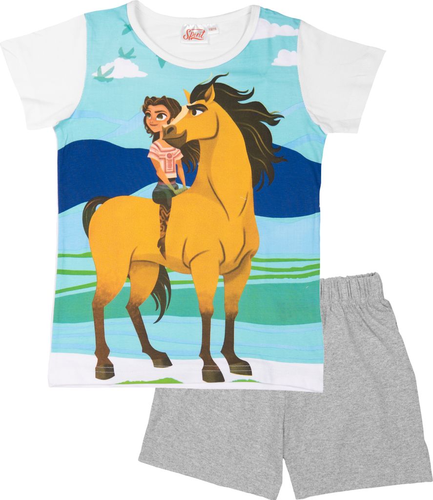 Spirit Schlafanzug für Mädchen - Pferde Kinder Pyjama Set Kurzarm Oberteil mit Hose Weiß/Grau 110-116